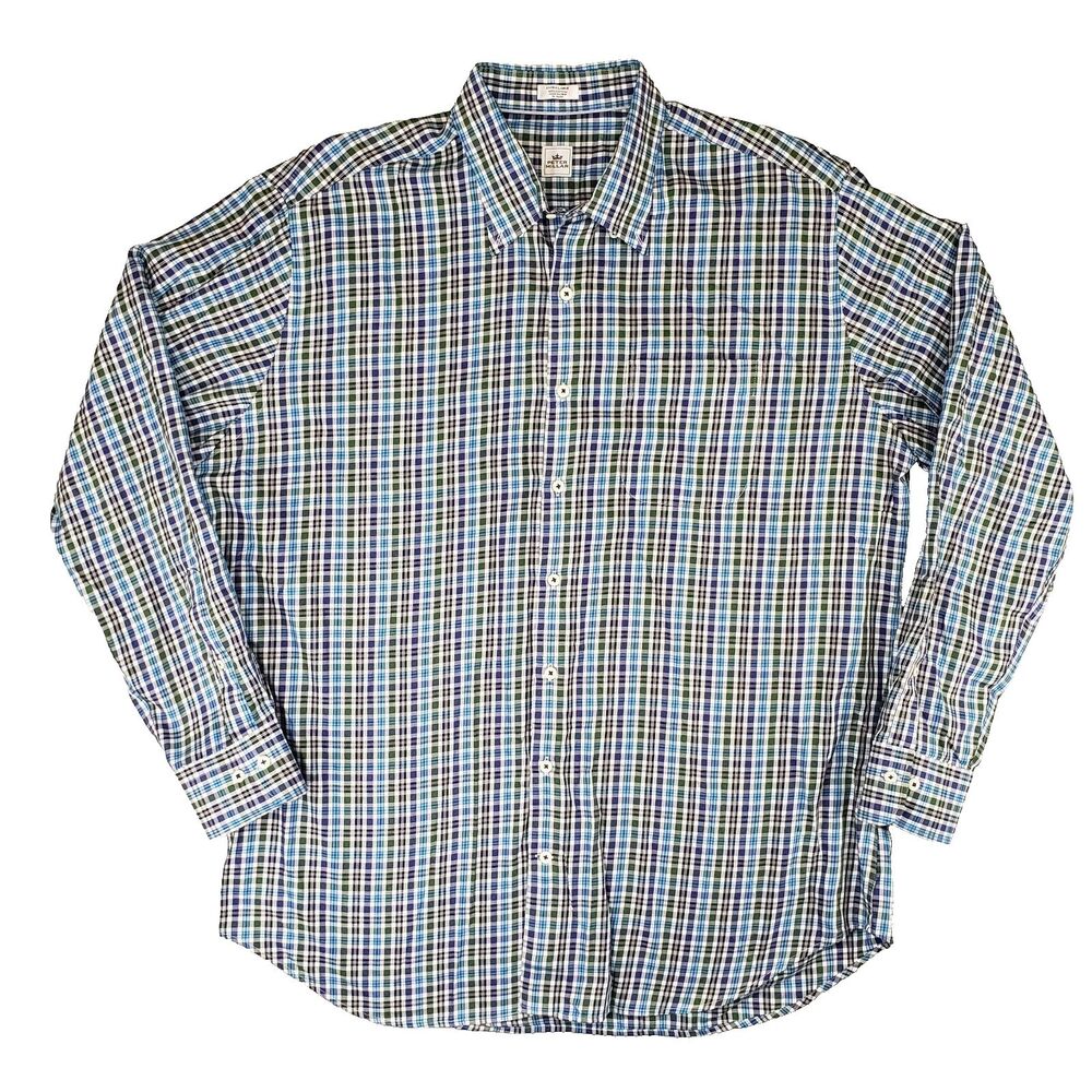 Peter Millar Classic Fit Sport Shirt Mens XL Blue Green Plaid‎ Cotton